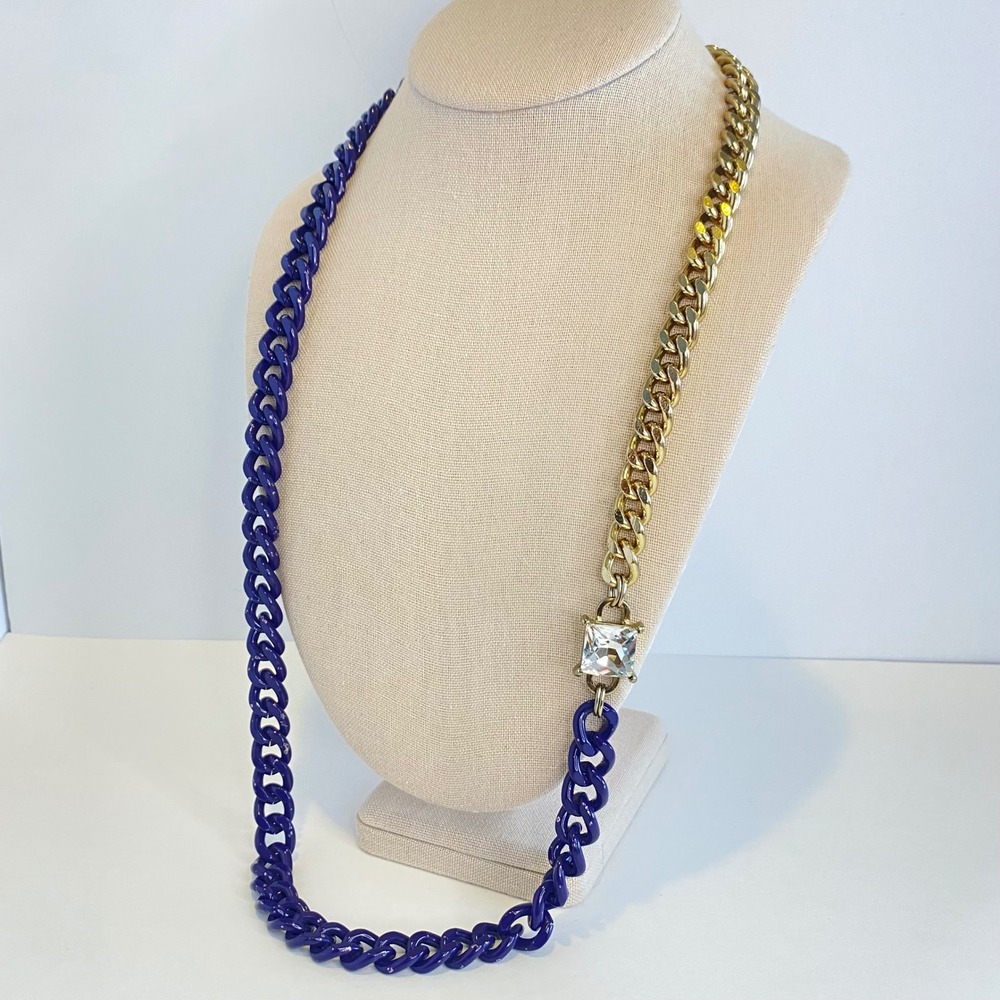 The Limited Chunky Chain Necklace Gold‎ Tone Blue Accent Square Gem Heavy Enamel - Picture 2 of 14